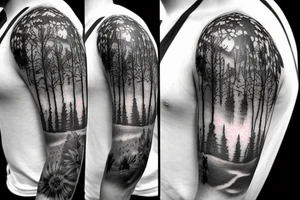 Sleeve Tattoo with nature, forrest vibes, a small bumblebee. masculin tattoo idea