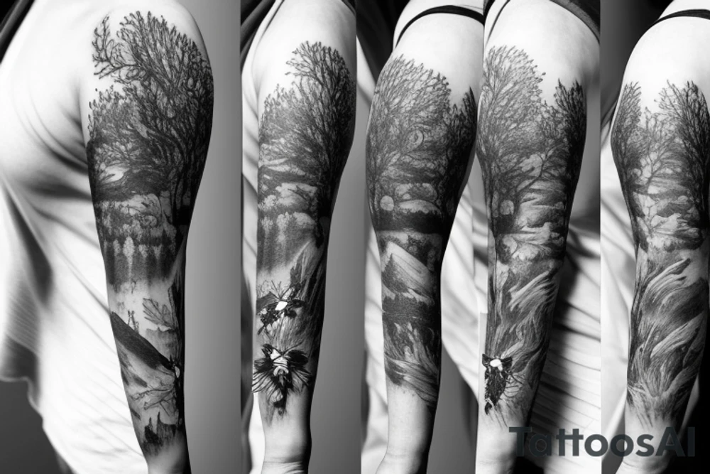 Sleeve Tattoo with nature, forrest vibes, a small bumblebee. masculin tattoo idea