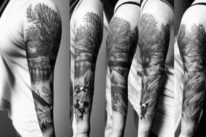 Sleeve Tattoo with nature, forrest vibes, a small bumblebee. masculin tattoo idea