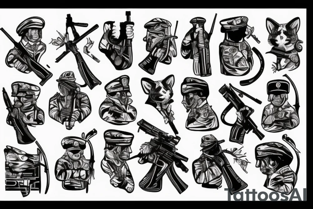 a soldier with a weapon who strokes a cat tattoo idea