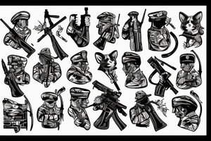 a soldier with a weapon who strokes a cat tattoo idea