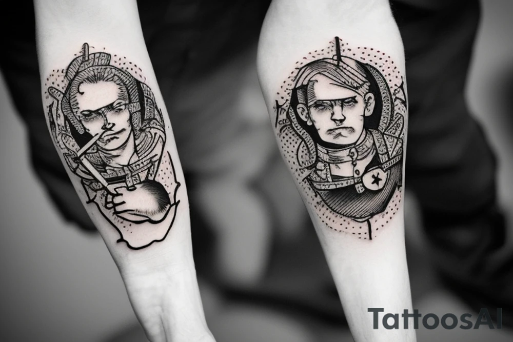 a soldier with a weapon who strokes a cat tattoo idea