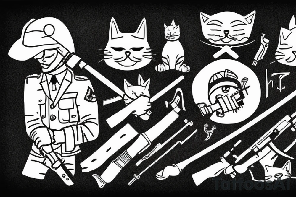a soldier with a weapon who strokes a cat tattoo idea