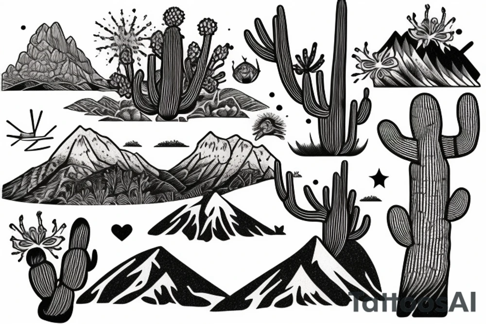 A landscape that has a saguaro and also Pacific Northwest mountains tattoo idea