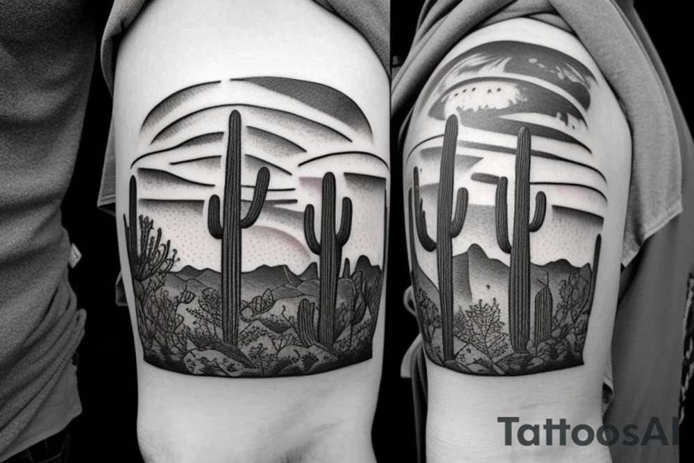A landscape that has a saguaro and also Pacific Northwest mountains tattoo idea
