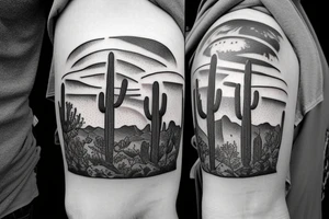 A landscape that has a saguaro and also Pacific Northwest mountains tattoo idea