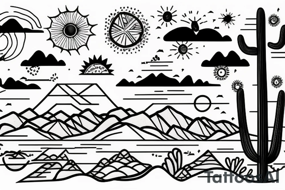 A landscape that has a saguaro and also Pacific Northwest mountains tattoo idea