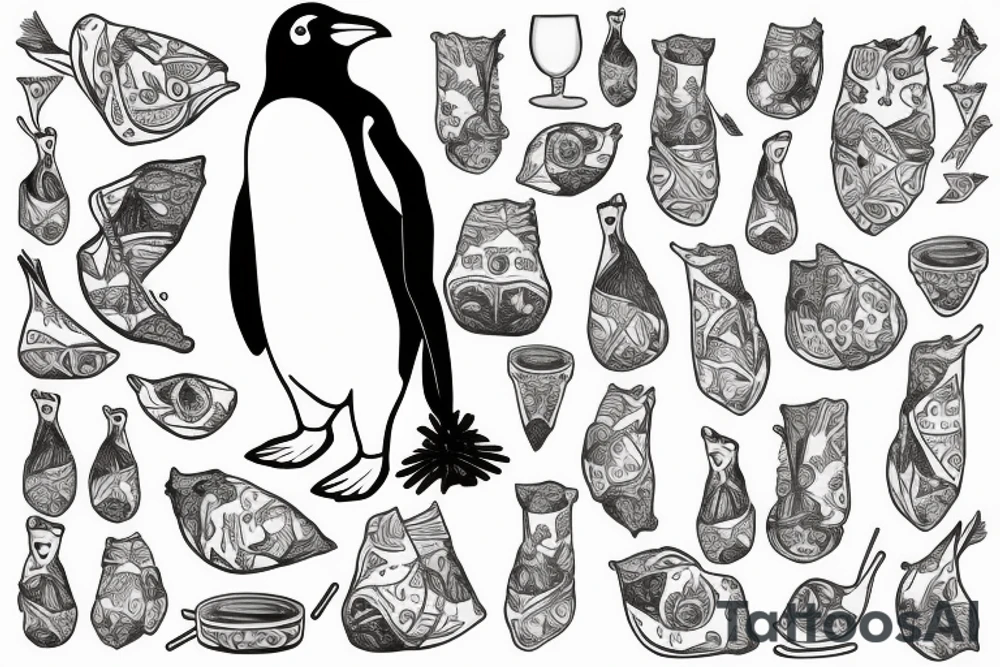 gentoo penguin holding and drinking yerba from a maté gourd through a straw tattoo idea