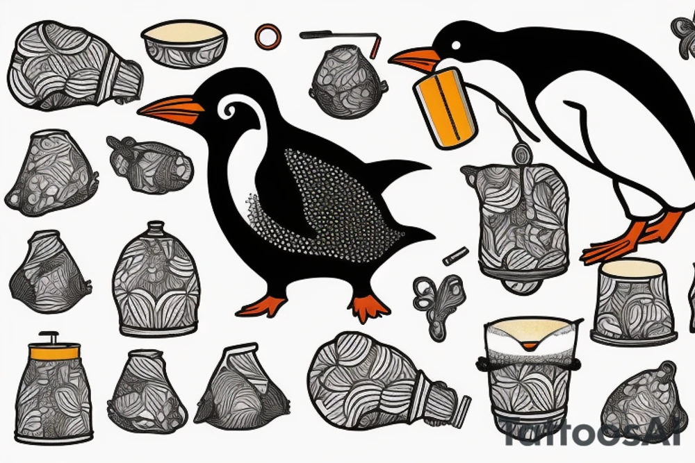 gentoo penguin holding a maté gourd, and drinking from it through a straw tattoo idea