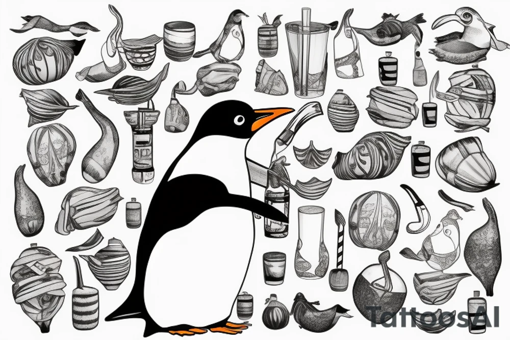 gentoo penguin holding a maté gourd, and drinking from it through a straw tattoo idea gentoo penguin holding a maté gourd, and drinking from it through a straw tattoo idea