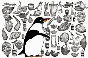 gentoo penguin holding a maté gourd, and drinking from it through a straw tattoo idea