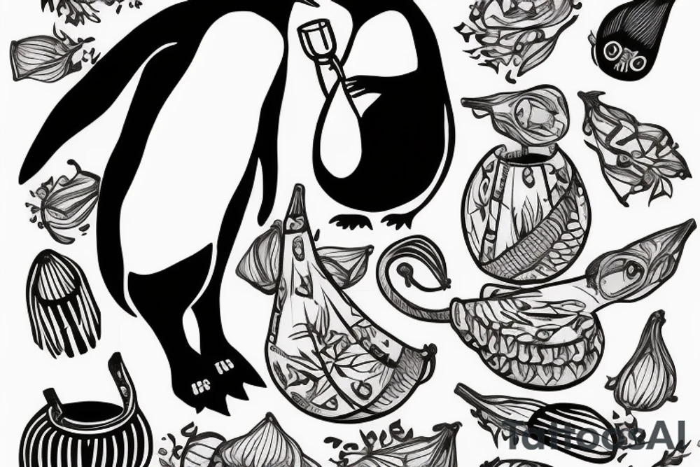 gentoo penguin holding a maté gourd in its flipper, and drinking from the maté gourd through a straw. tattoo idea