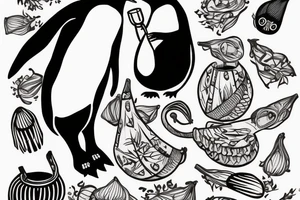 gentoo penguin holding a maté gourd in its flipper, and drinking from the maté gourd through a straw. tattoo idea