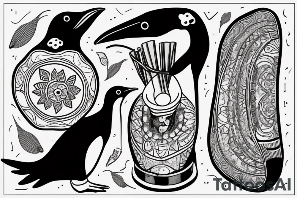 gentoo penguin holding a maté gourd in its flipper, and drinking from the maté gourd through a straw. tattoo idea