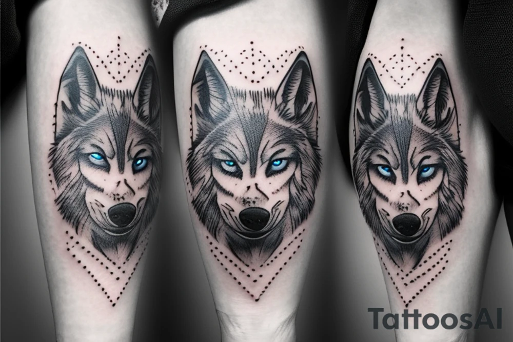 bottom of Wolf face with blue eyes tattoo idea