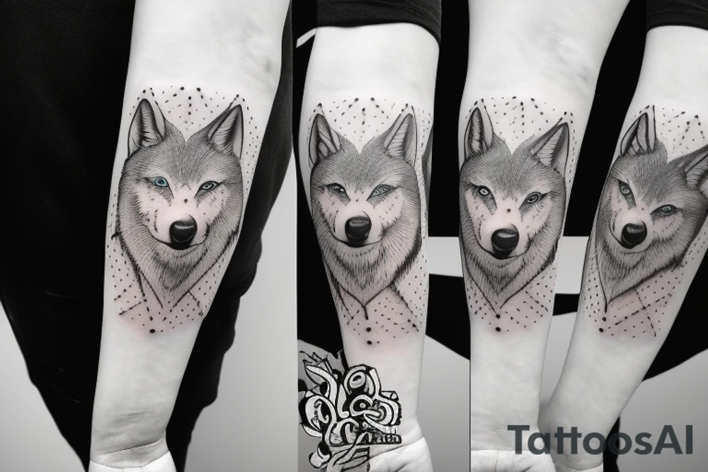 bottom of Wolf face with blue eyes tattoo idea