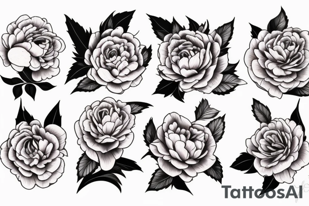 peony, rose, violet, caranation tattoo idea