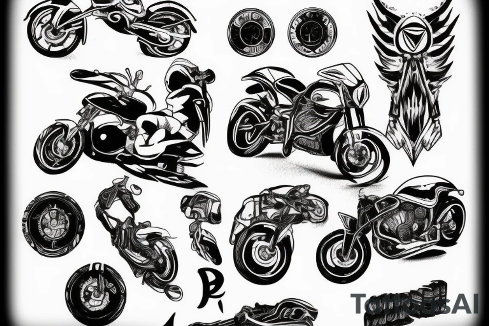 arm tattoo, black and white, motorcycle tattoo idea