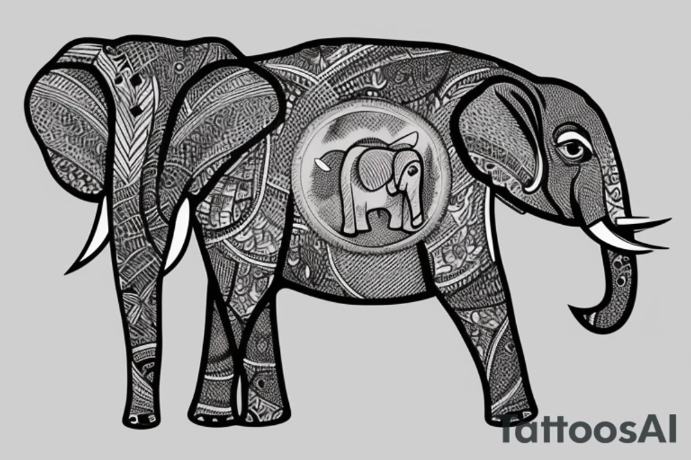 Elephant  in thin lines looking at the moon tattoo idea
