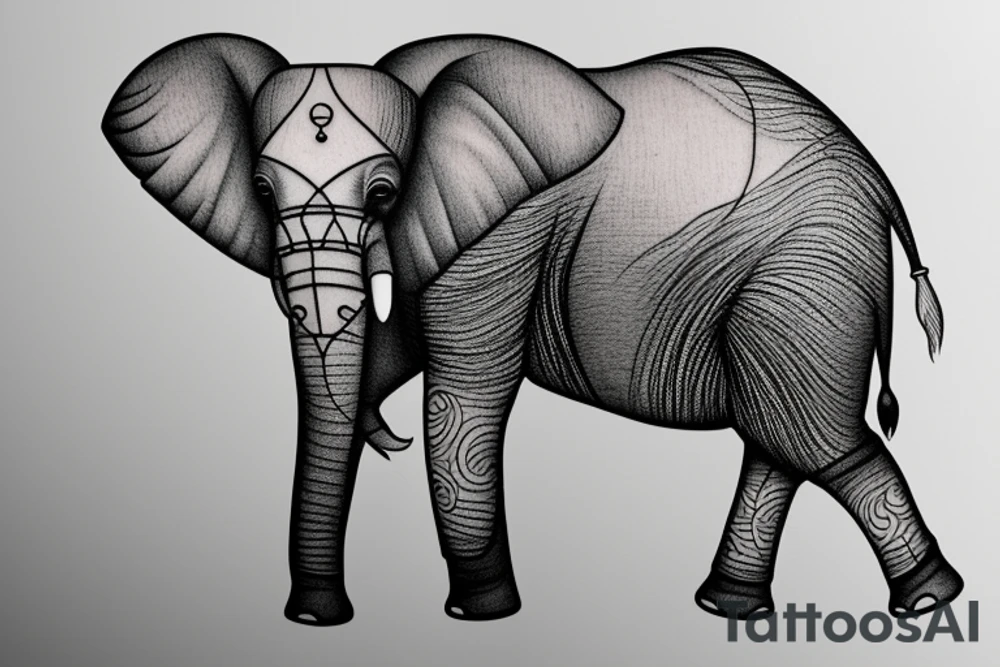 Elephant  in thin lines looking at the moon tattoo idea