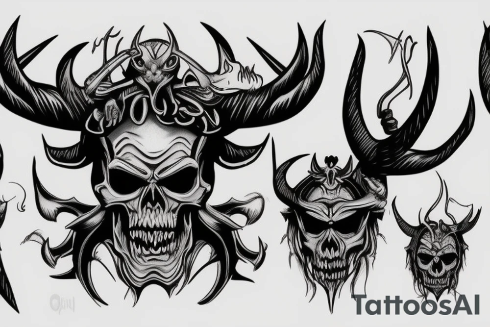 angry Demon skull with horns, tattoo idea
