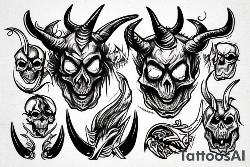 angry Demon skull with horns, tattoo idea