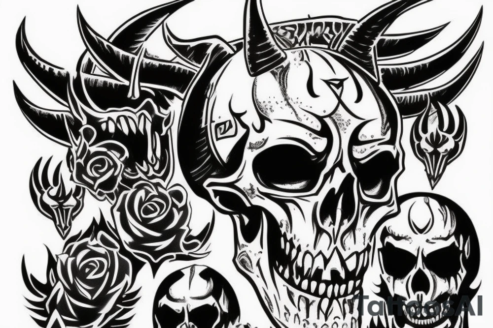 angry Demon skull with horns and the mark of the devil tattoo idea