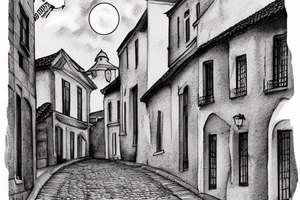 Cobblestone street in a small Portuguese town, narrow creek with a small brick arched bridge going over it, and a hazy sky With a rising moon tattoo idea