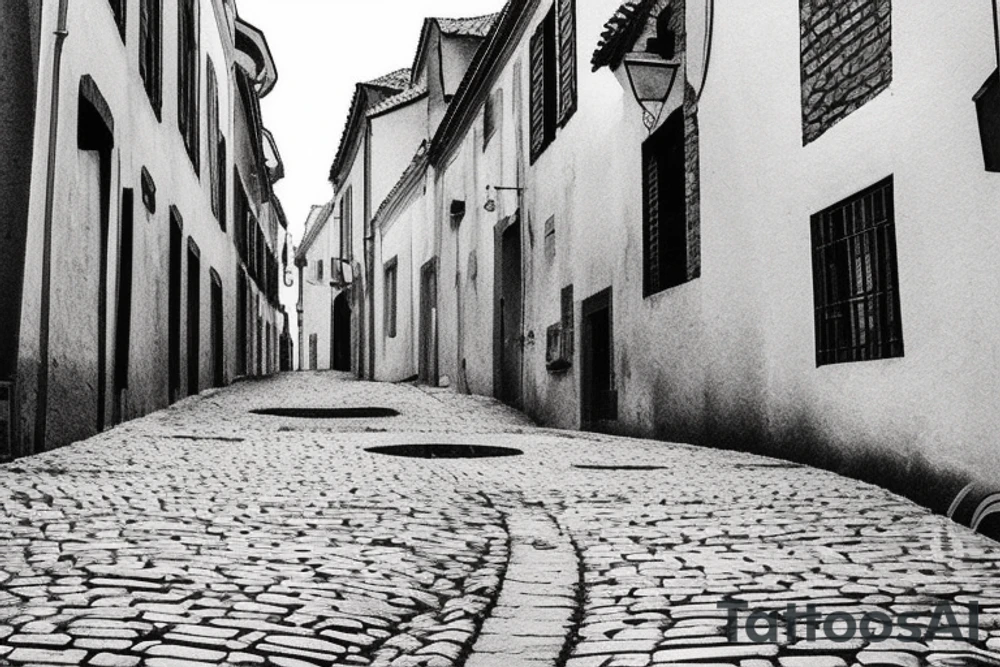 Cobblestone street in a small Portuguese town, narrow creek with a small brick arched bridge going over it, and a hazy sky With a rising moon tattoo idea