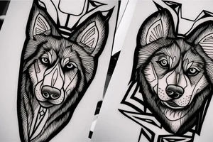 Swords with eye connected with line work and the head of an Alaskan Malamute tattoo idea