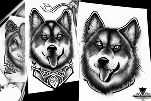 Swords with eye connected with line work and the head of an Alaskan Malamute tattoo idea