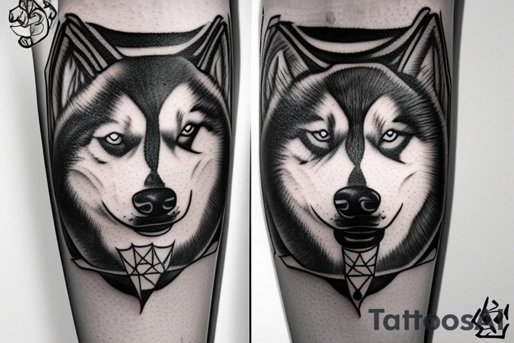 Swords with eye connected with line work and the head of an Alaskan Malamute tattoo idea