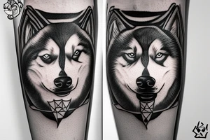 Swords with eye connected with line work and the head of an Alaskan Malamute tattoo idea