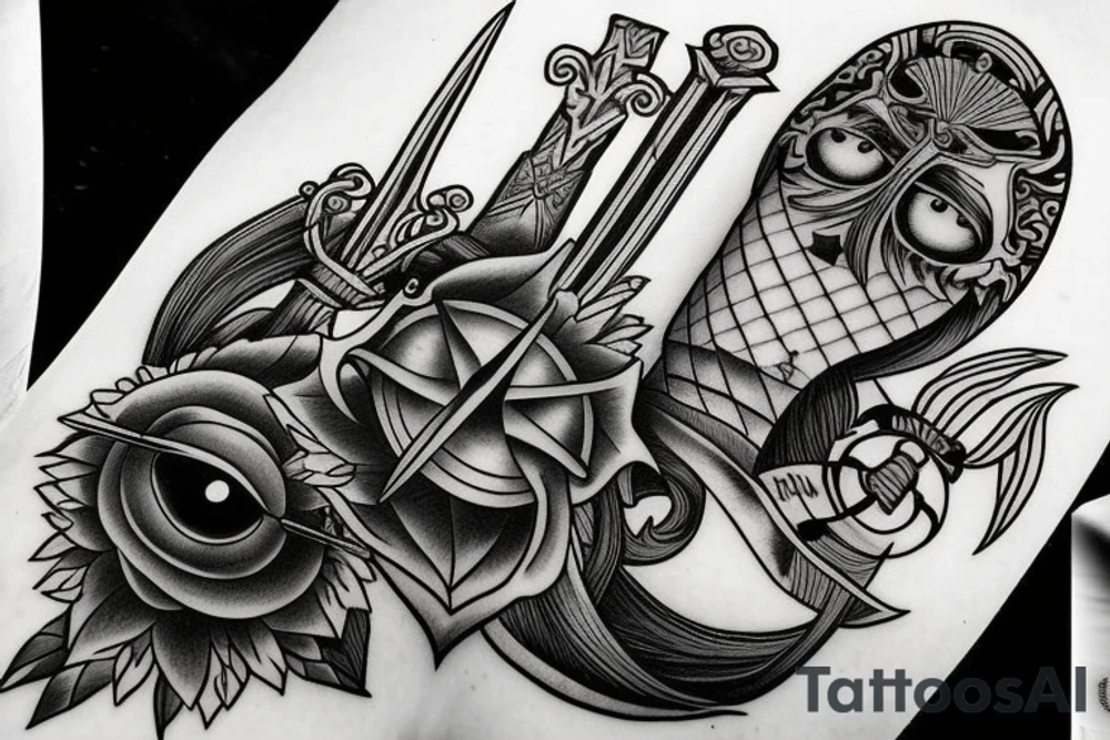 Swords with eye connected with line work tattoo idea