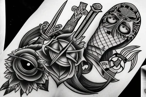Swords with eye connected with line work tattoo idea