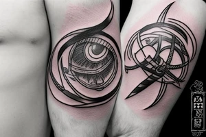Swords with eye connected with line work tattoo idea