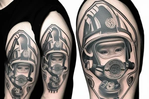 firefighter, mask, axe hełm tattoo idea