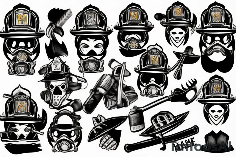 firefighter, mask, axe hełm tattoo idea