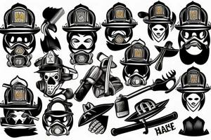 firefighter, mask, axe hełm tattoo idea