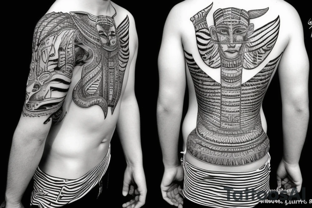 half white blonde young man half tiger with a slim muscle and lean body climbing the Egyptian pyramid tattoo idea