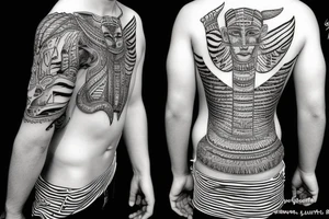 half white blonde young man half tiger with a slim muscle and lean body climbing the Egyptian pyramid tattoo idea