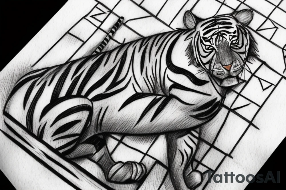 half white blonde young man half tiger with a slim muscle and lean body climbing the Egyptian pyramid tattoo idea