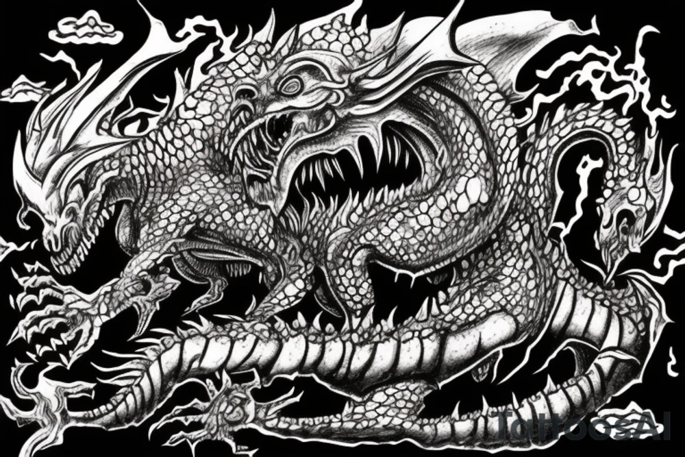 zombie dragon destroying a castle with fire and death tattoo idea
