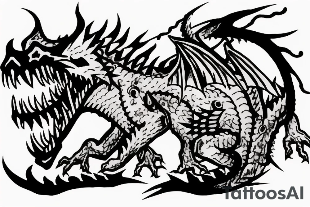 zombie dragon destroying a castle with fire and death tattoo idea