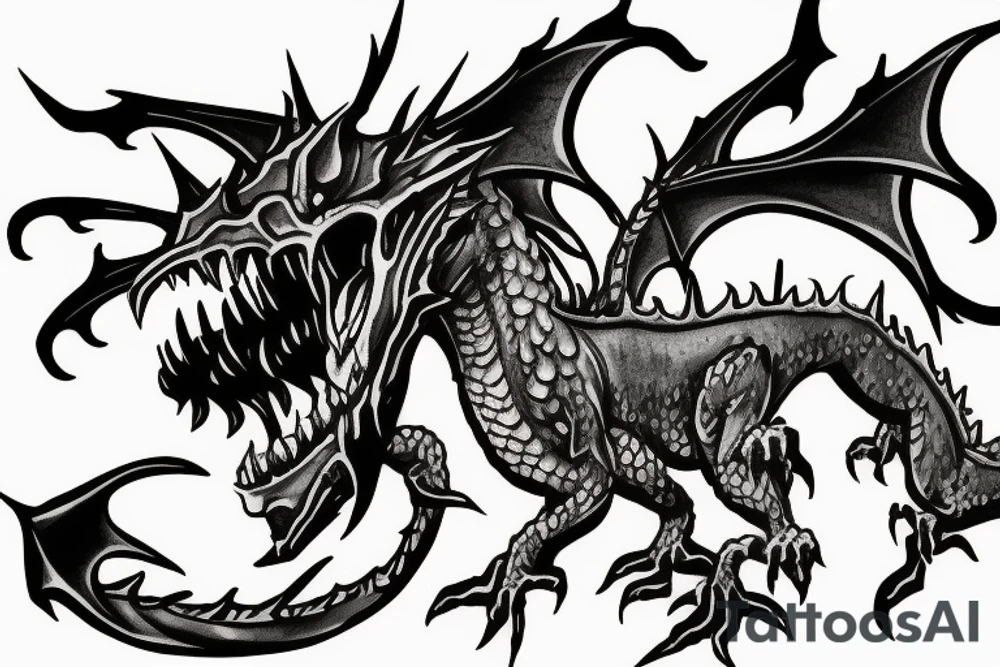 zombie dragon destroying a castle tattoo idea
