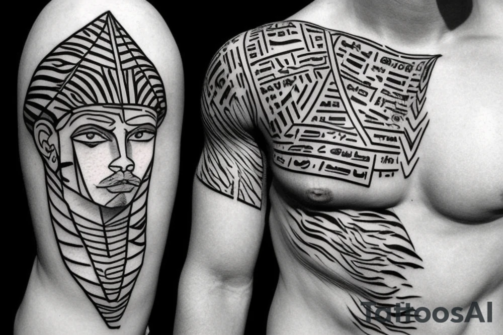 half white blonde young man half tiger with a lean and slim muscle type body a Egyptian pyramid tattoo idea