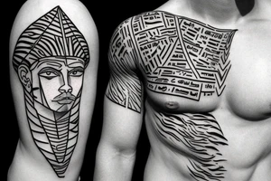 half white blonde young man half tiger with a lean and slim muscle type body a Egyptian pyramid tattoo idea
