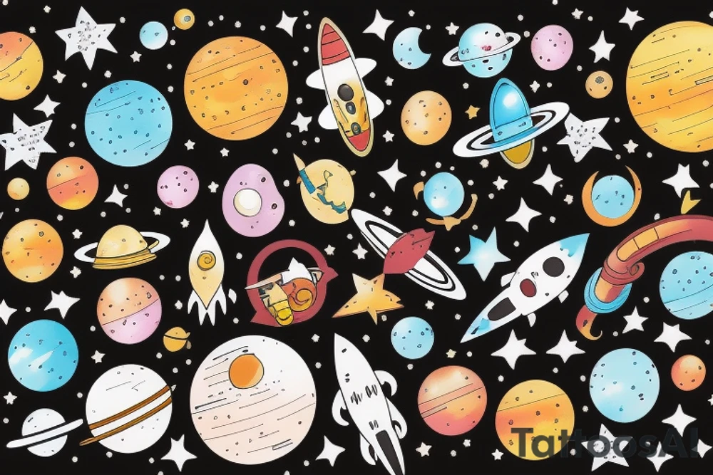 the word "happy" with a space background tattoo idea