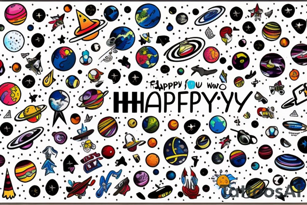 the word "happy" with a space background tattoo idea