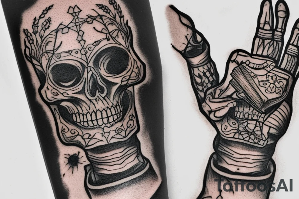 skeleton hand holding a book tattoo idea